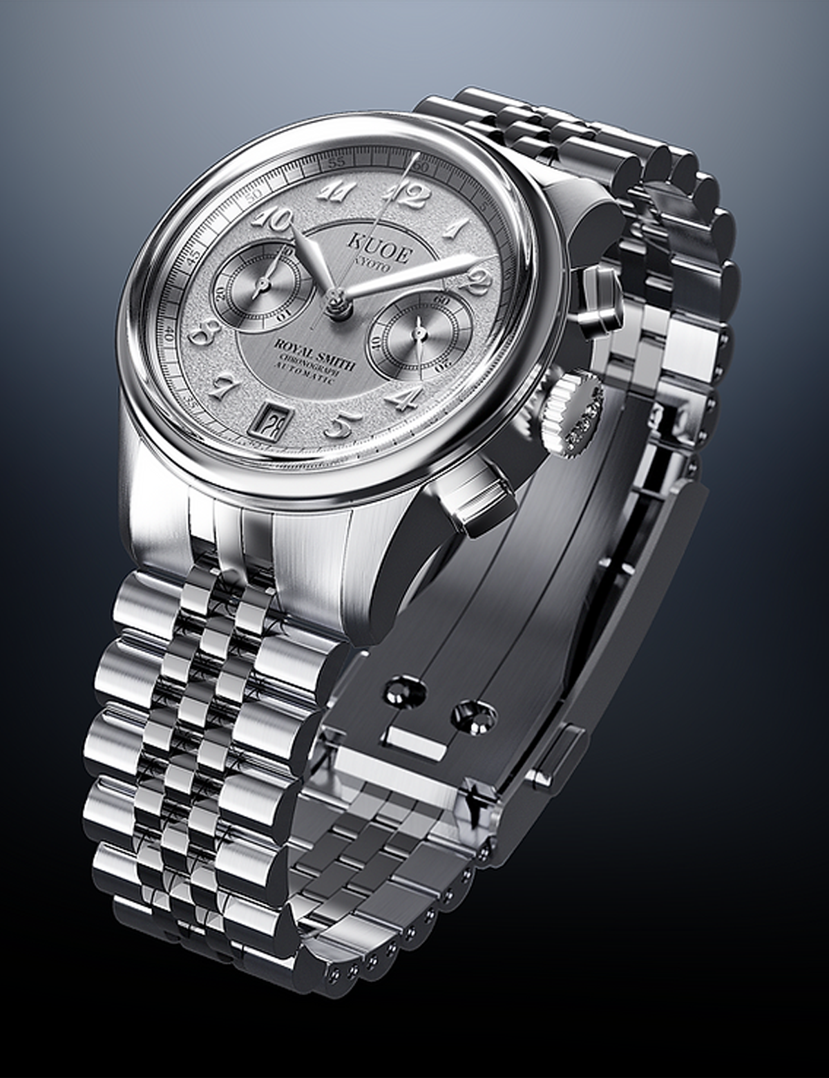 KUOE ROYAL SMITH 90-012 AUTOMATIC CHRONOGRAPH, SILVER WITH BREGUET NUMERALS