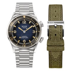 KUOE SOMBRERO 90-011 GRADATION NAVY LINEN TEXTURED DIAL FLAT-LINK BRACELET