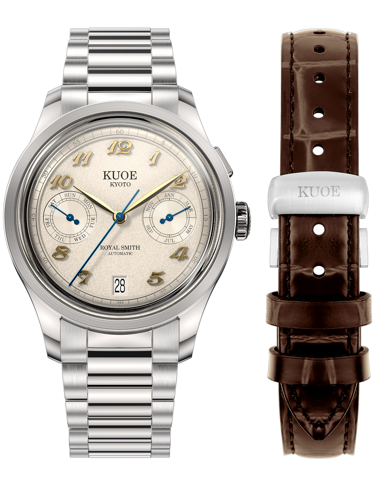 KUOE ROYAL SMITH 90-010 IVORY X GRAINY FINISH DIAL / FLAT-LINK BRACELET / EXHIBITION CASEBACK