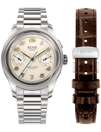 KUOE ROYAL SMITH 90-010 IVORY X GRAINY FINISH DIAL / FLAT-LINK BRACELET / EXHIBITION CASEBACK