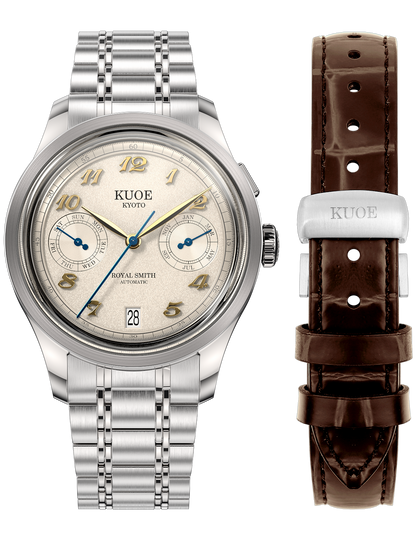 KUOE ROYAL SMITH 90-010 IVORY X GRAINY FINISH DIAL / MIXED-LINK BRACELET / EXHIBITION CASEBACK