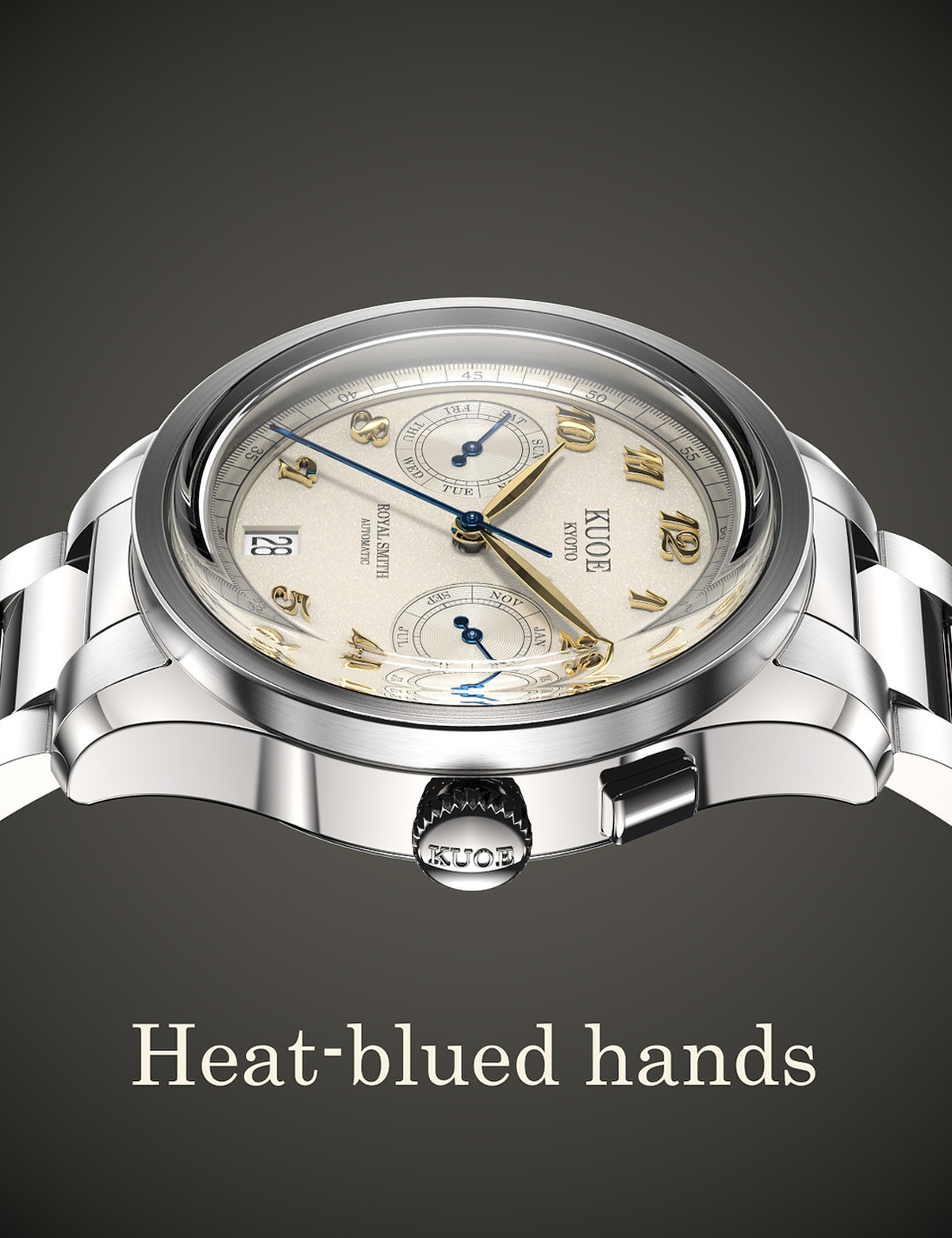 KUOE ROYAL SMITH 90-010 IVORY X VERTICAL BRUSHED DIAL / FLAT-LINK BRACELET / EXHIBITION CASEBACK