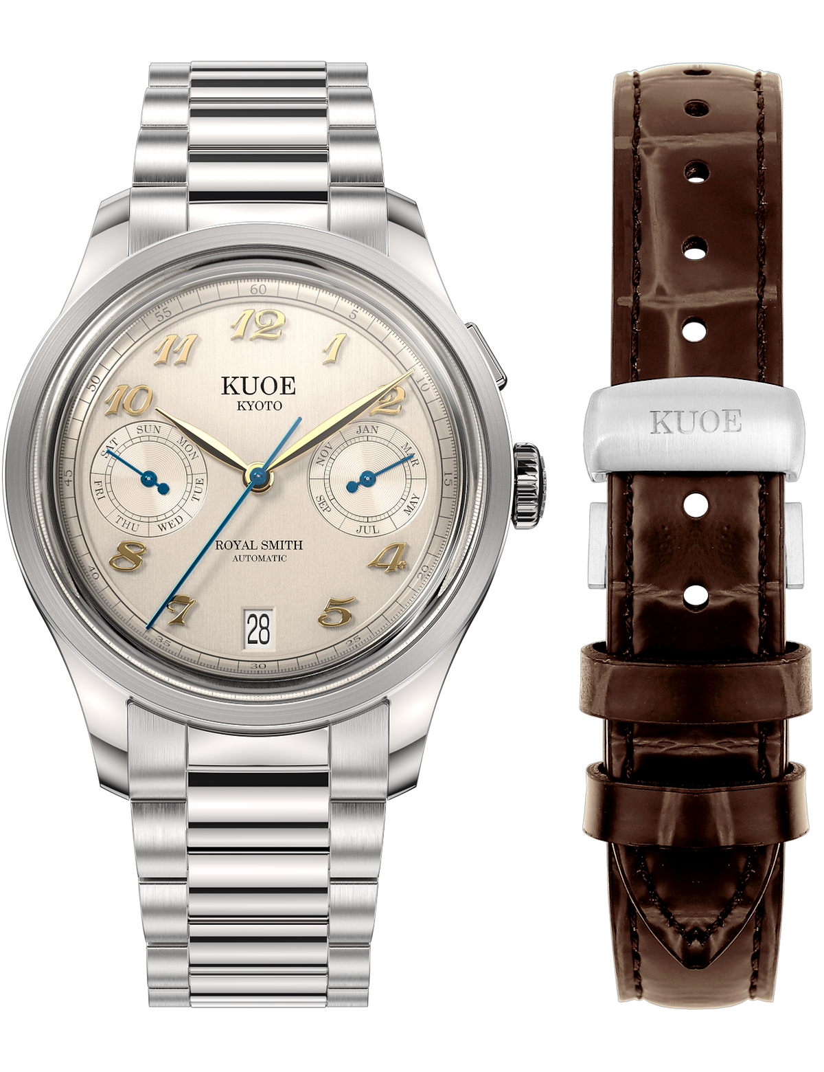 KUOE ROYAL SMITH 90-010 IVORY X VERTICAL BRUSHED DIAL / FLAT-LINK BRACELET / EXHIBITION CASEBACK