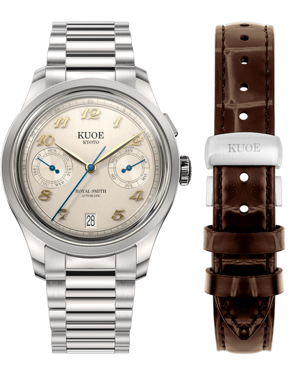KUOE ROYAL SMITH 90-010 IVORY X VERTICAL BRUSHED DIAL / FLAT-LINK BRACELET / EXHIBITION CASEBACK