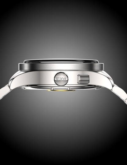 KUOE ROYAL SMITH 90-010 IVORY X GRAINY FINISH DIAL / FLAT-LINK BRACELET / EXHIBITION CASEBACK