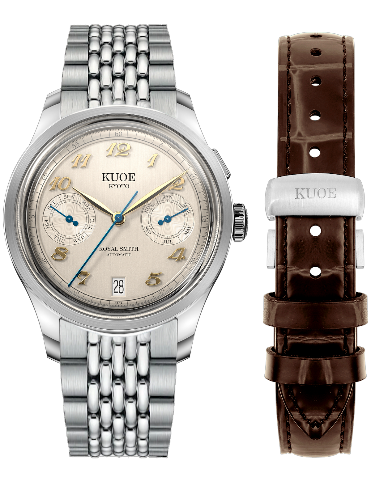 KUOE ROYAL SMITH 90-010 IVORY X VERTICAL BRUSHED DIAL / BOR BRACELET / MEDAILLON CASEBACK