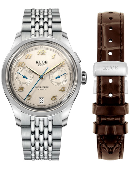 KUOE ROYAL SMITH 90-010 IVORY X VERTICAL BRUSHED DIAL / BOR BRACELET / MEDAILLON CASEBACK