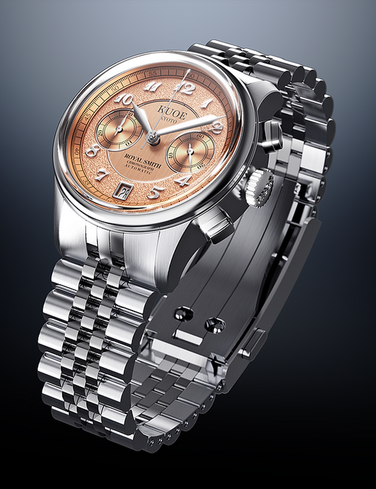 KUOE ROYAL SMITH 90-012 AUTOMATIC CHRONOGRAPH, SALMON PINK WITH BREGUET NUMERALS