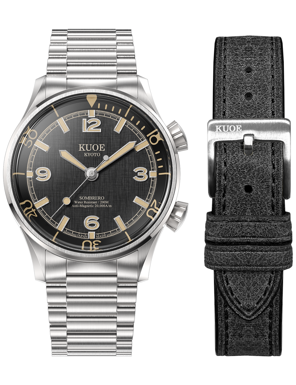 KUOE SOMBRERO 90-011 BLACK LINEN TEXTURED DIAL FLAT-LINK BRACELET