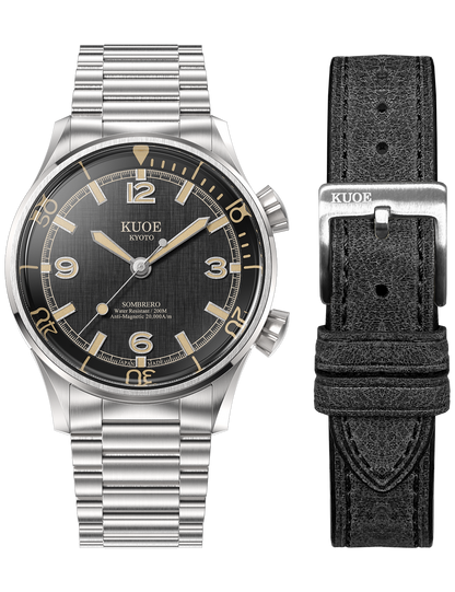 KUOE SOMBRERO 90-011 BLACK LINEN TEXTURED DIAL FLAT-LINK BRACELET