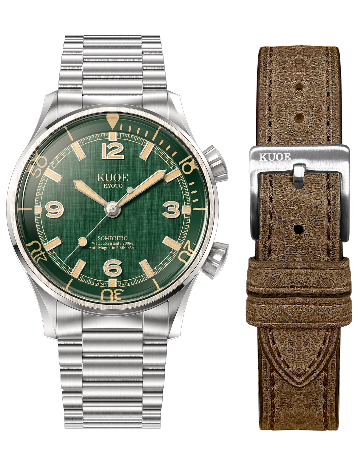 KUOE SOMBRERO 90-011 GREEN LINEN TEXTURED DIAL FLAT-LINK BRACELET