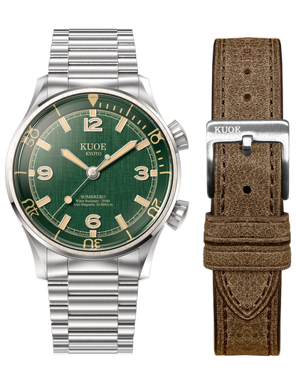 KUOE SOMBRERO 90-011 GREEN LINEN TEXTURED DIAL FLAT-LINK BRACELET