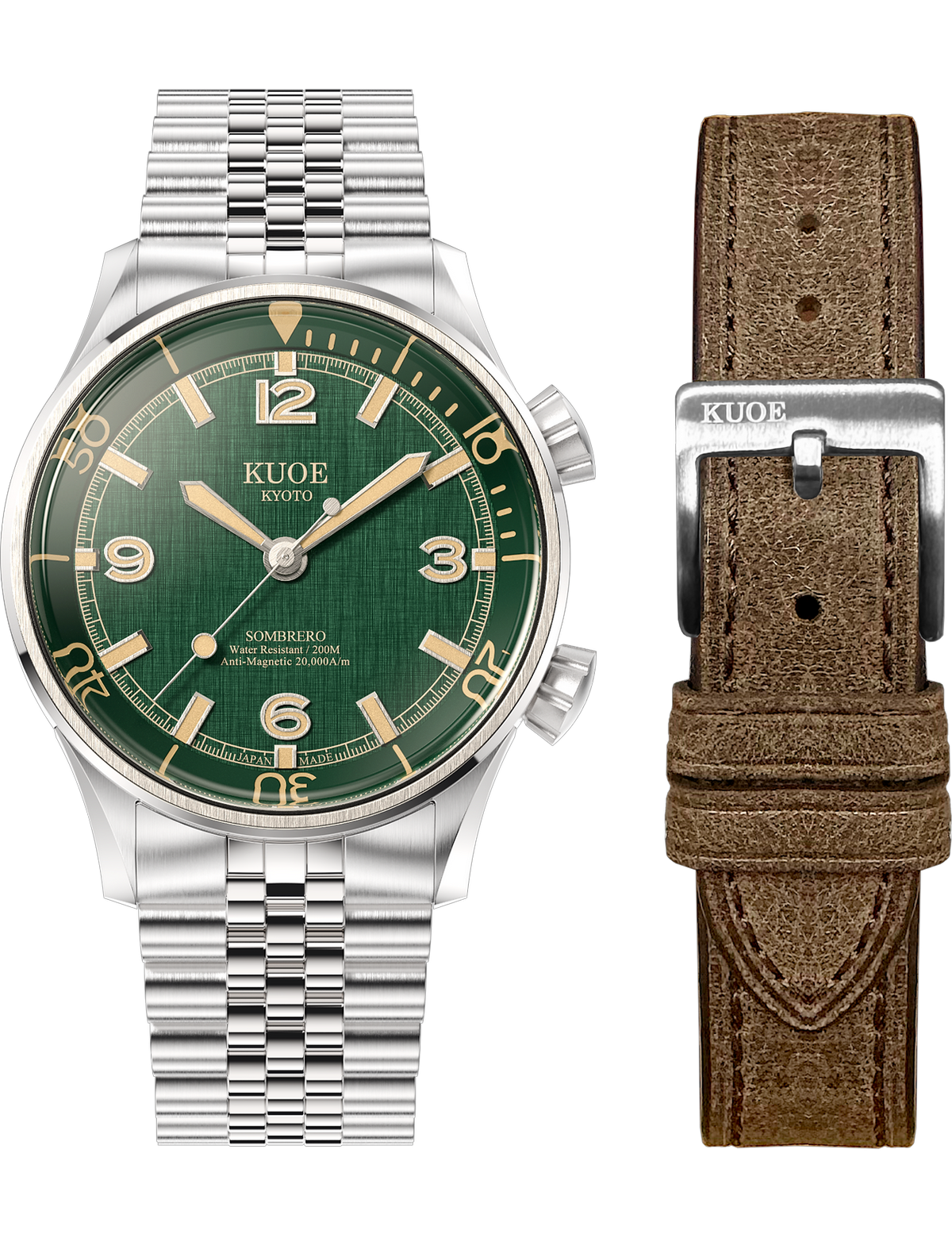 KUOE SOMBRERO 90-011 GREEN LINEN TEXTURED DIAL JUBILEE BRACELET