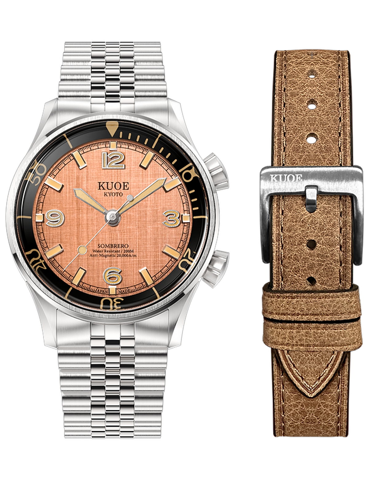 KUOE SOMBRERO 90-011 SALMON PINK LINEN TEXTURED DIAL BRACELET JUBILE