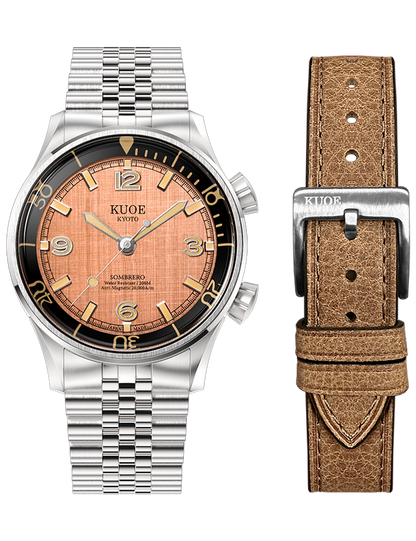 KUOE SOMBRERO 90-011 SALMON PINK LINEN TEXTURED DIAL BRACELET JUBILE