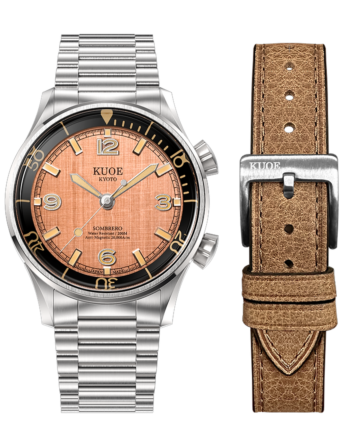 KUOE SOMBRERO 90-011 SALMON PINK LINEN TEXTURED DIAL BRACELET FLAT LINK