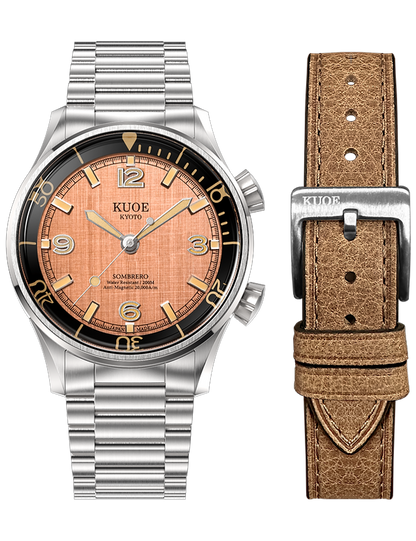 KUOE SOMBRERO 90-011 SALMON PINK LINEN TEXTURED DIAL BRACELET FLAT LINK