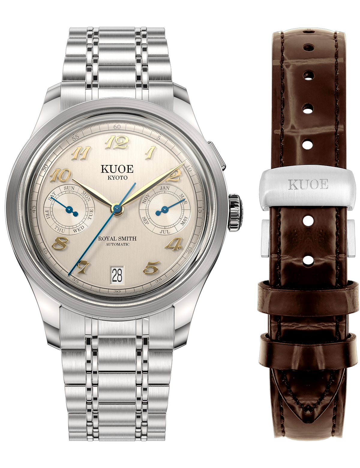 KUOE ROYAL SMITH 90-010 IVORY X VERTICAL BRUSHED DIAL / MIXED-LINK BRACELET / MEDAILLON CASEBACK