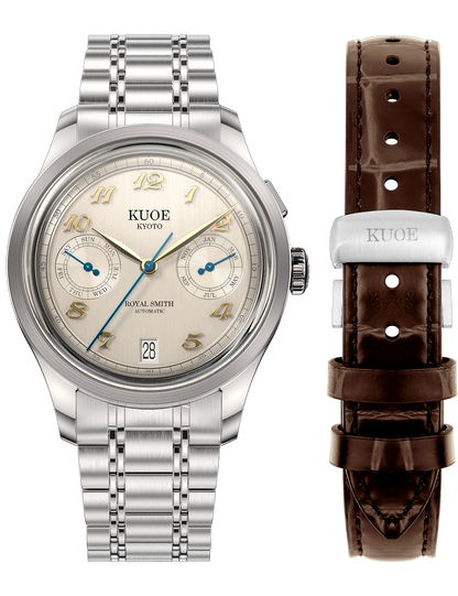 KUOE ROYAL SMITH 90-010 IVORY X VERTICAL BRUSHED DIAL / MIXED-LINK BRACELET / MEDAILLON CASEBACK
