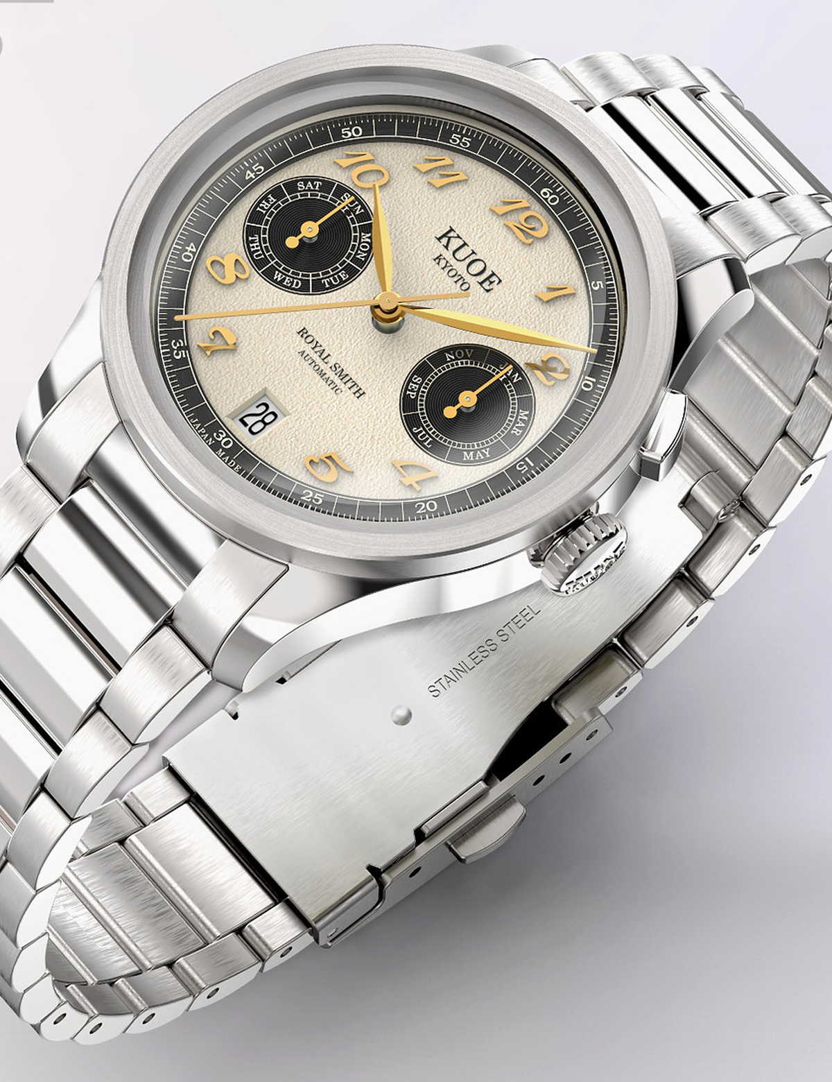KUOE ROYAL SMITH 90-010 PANDA X GRAINY FINISH DIAL / FLAT LINK STRAP / EXHIBITION CASEBACK