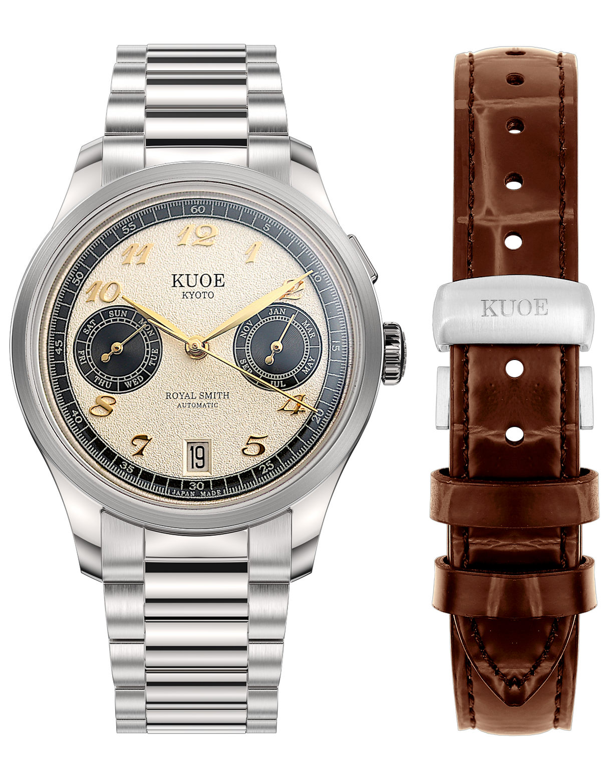 KUOE ROYAL SMITH 90-010 PANDA X GRAINY FINISH DIAL / FLAT LINK STRAP / EXHIBITION CASEBACK