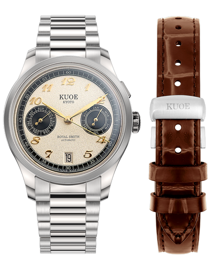 KUOE ROYAL SMITH 90-010 PANDA X GRAINY FINISH DIAL / FLAT LINK STRAP / EXHIBITION CASEBACK