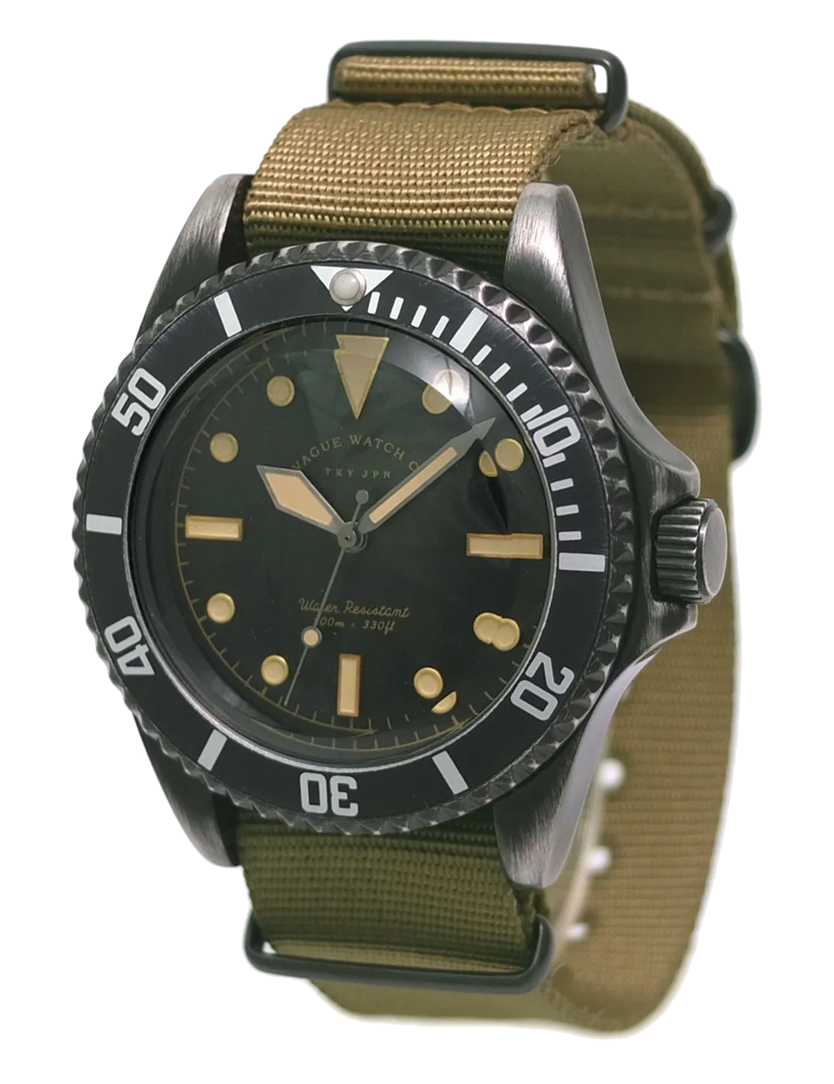 VAGUE WATCH BLACK SUB OLIVE AND BLACK NYLON